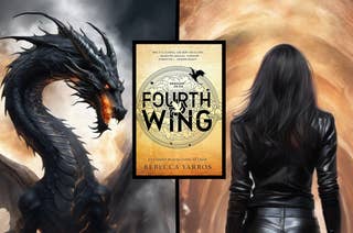 Image 1: A black dragon mid-flight amidst flames. Image 2: A woman in black leather clothes walking down a hallway. Overlaid: the book 