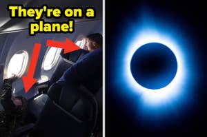 Passengers on a plane observe a solar eclipse through windows, one pointing excitedly