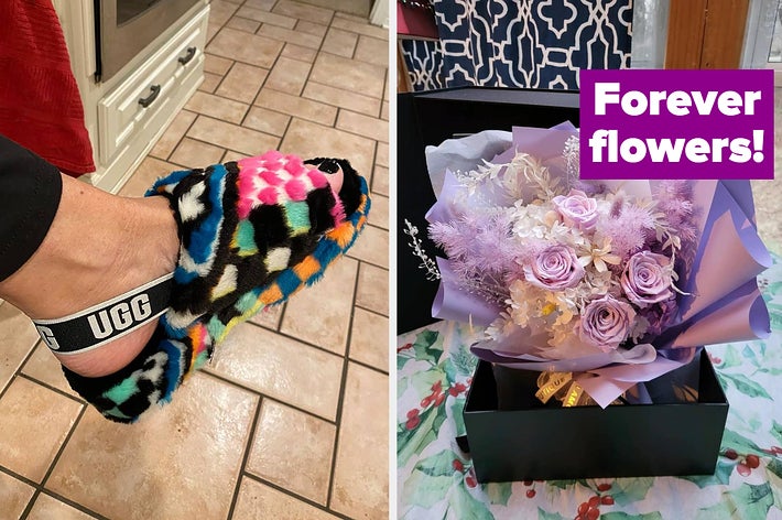 Person wearing UGG slippers with colorful socks. Box of flowers with text "Forever flowers!" on right