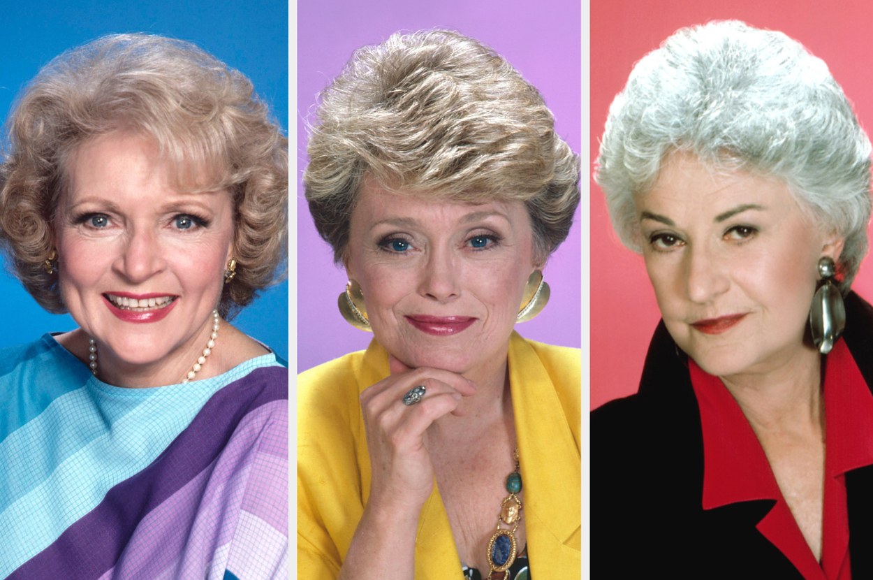 Three characters from The Golden Girls show: Betty White, Rue McClanahan, and Bea Arthur against solid backgrounds