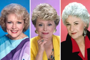 Three characters from The Golden Girls show: Betty White, Rue McClanahan, and Bea Arthur against solid backgrounds