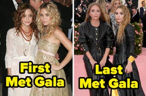 Two women posing at events, labeled "First Met Gala" and "Last Met Gala," dressed in evening attire