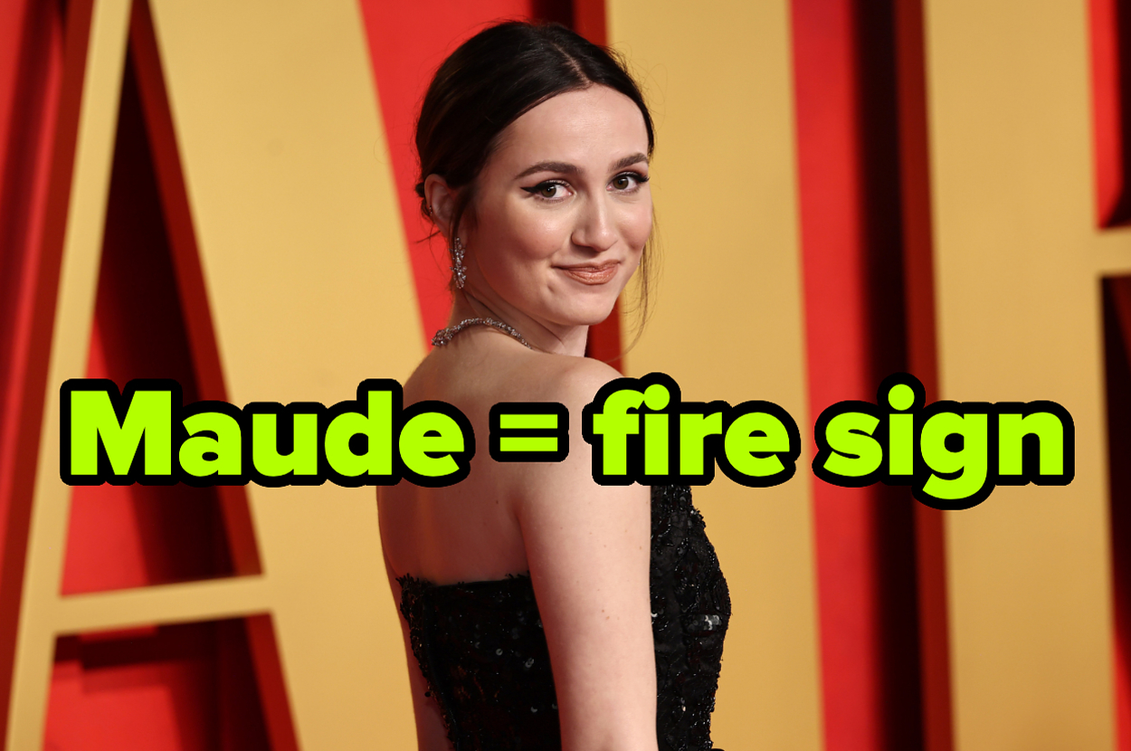 Maude Apatow on the red carpet labeled Maude equals fire sign