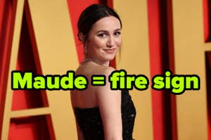Maude Apatow on the red carpet labeled Maude equals fire sign