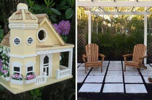 Ornate birdhouse resembling a miniature house on the left, and a cozy outdoor seating area with two wooden chairs on the right