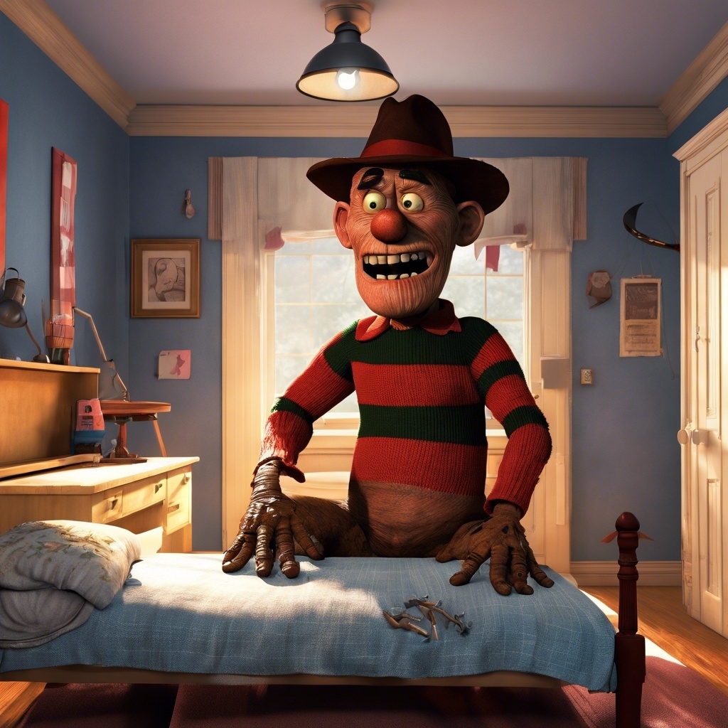 Animated character Freddy Krueger from &quot;A Nightmare on Elm Street&quot; depicted in cartoon style, sitting on a bed