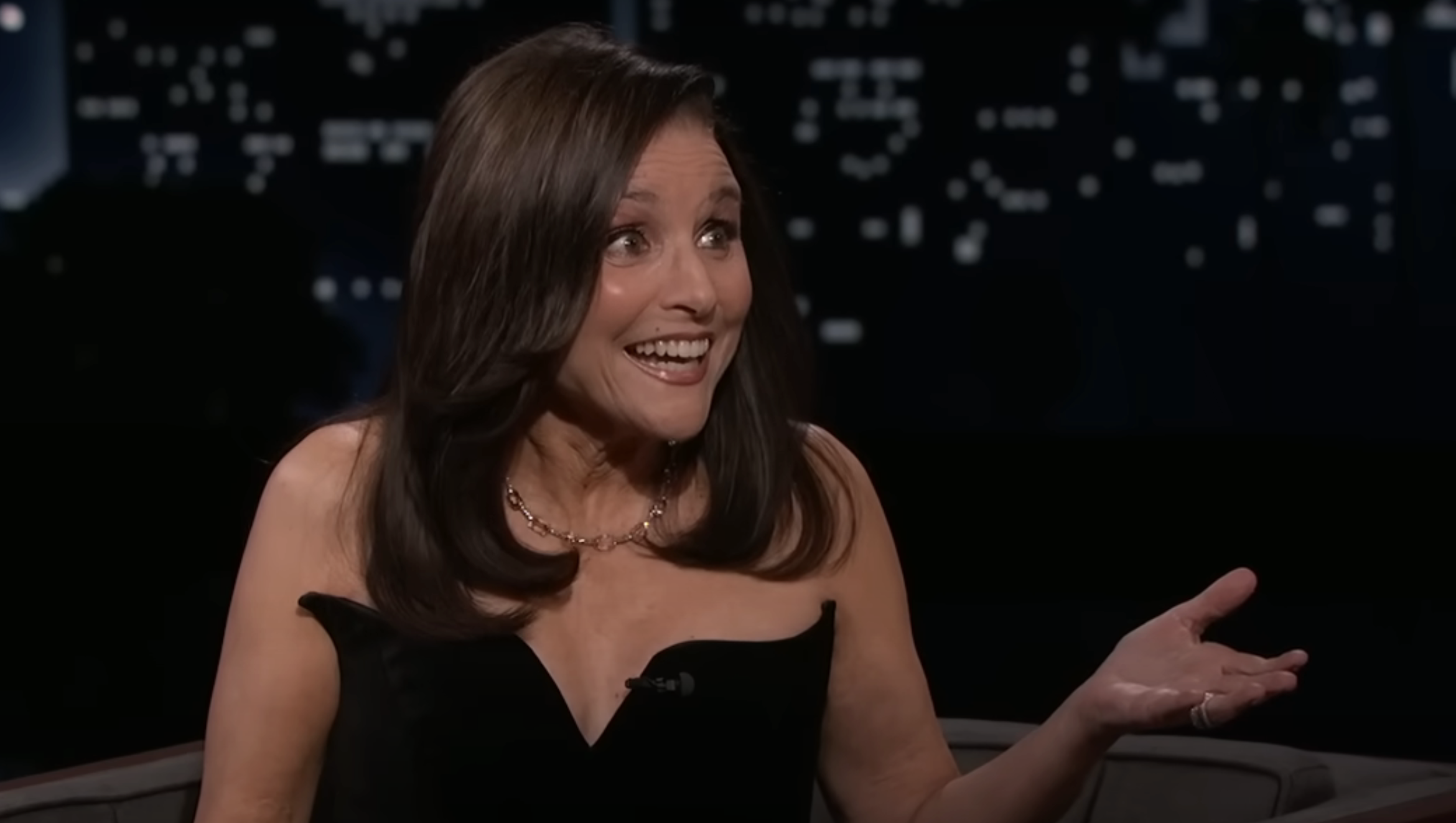 Julia Louis-Dreyfus gestures while wearing a black dress and a necklace, appearing on a talk show