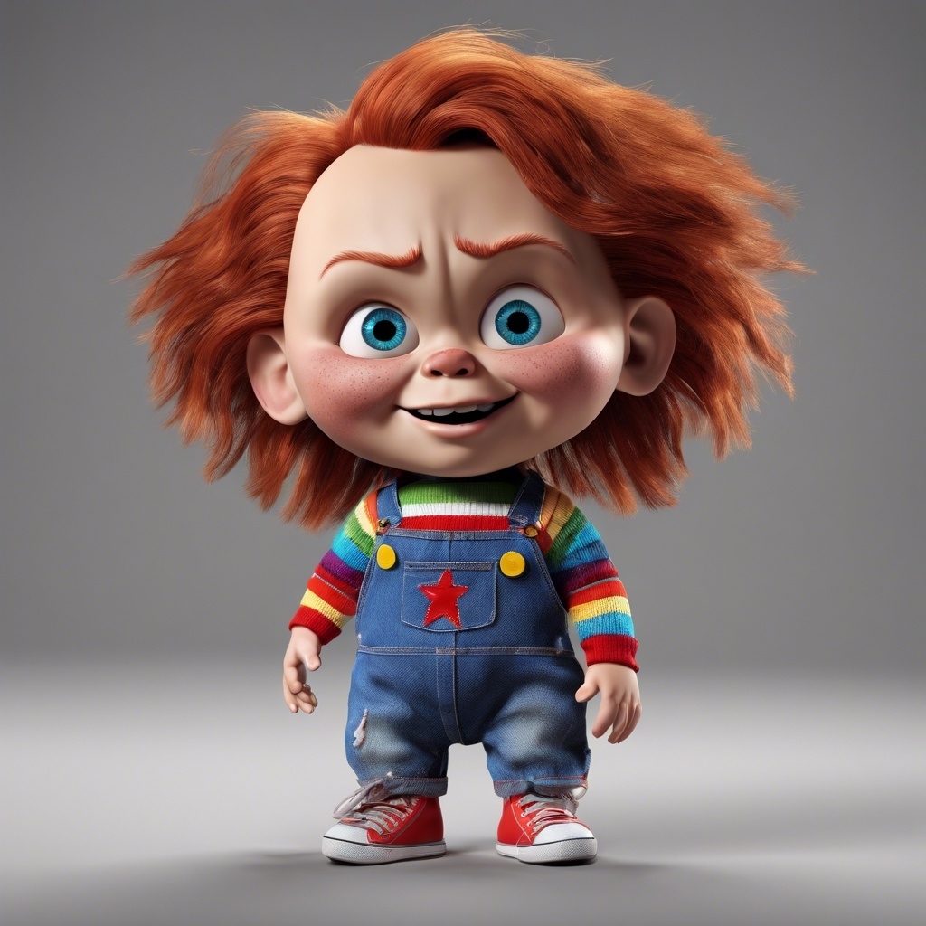 AI-3D pixar-style Chucky from Child&#x27;s Play in overalls with a striped shirt and sneakers