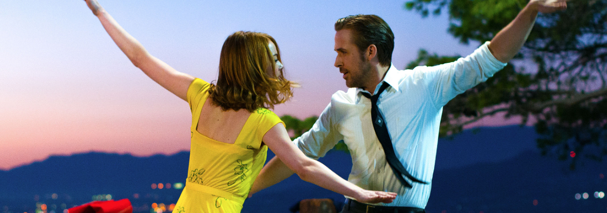 Emma Stone and Ryan Gosling dancing in La La Land as Mia and Sebastian