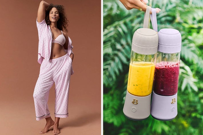 Two images side-by-side; left shows a woman in dotted loungewear, right displays portable blenders with smoothies