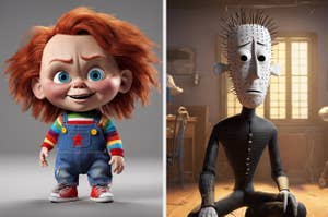 AI 3d Chucky from 'Child's Play' and Pinhead from 'Hellraiser' depicted as pixar characters