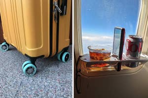 reviewer's luggage with the teal protectors on the wheels / reviewer's BevLedge in airplane window holding cup, phone, and canned coke