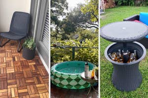 A triptych of patio ideas: a chair with a plant, an inflatable pool with a scenic view, and a table storing beverages. Perfect for outdoor shopping inspiration