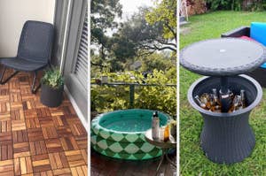 A triptych of patio ideas: a chair with a plant, an inflatable pool with a scenic view, and a table storing beverages. Perfect for outdoor shopping inspiration