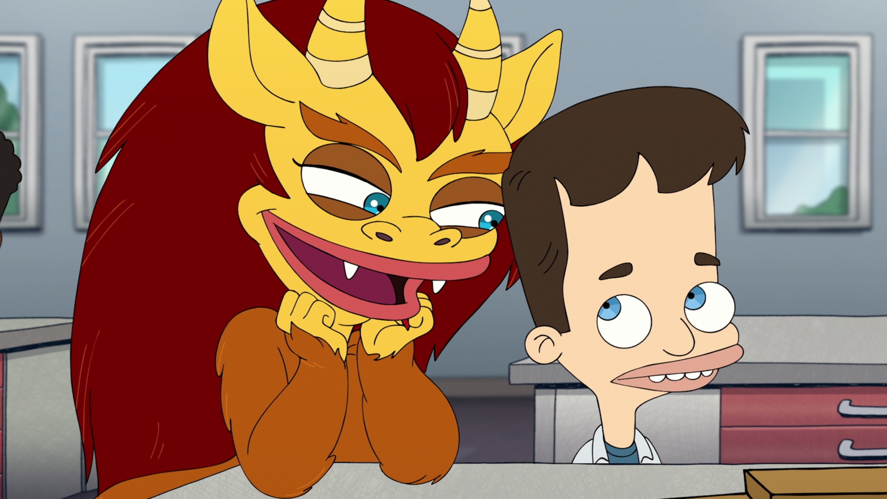 Animated characters, a smiling dragon creature next to a boy with a surprised expression, from the show &quot;Big Mouth.&quot;