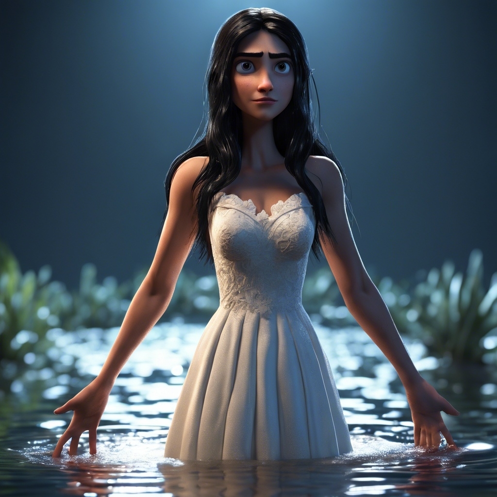 AI 3D rendering of Jennifer from Jennifer&#x27;s Body as a pixar character, wearing a prom dress, standing with water up to her waist, brows slightly scrunched as if mad