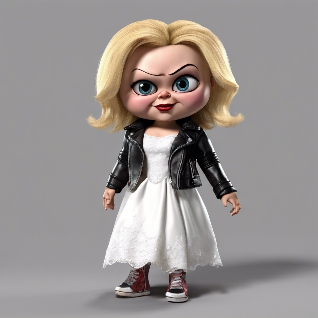 AI 3d version of Tiffany from &quot;Bride of Chucky&quot; in a black leather jacket and white dress, with a confident expression