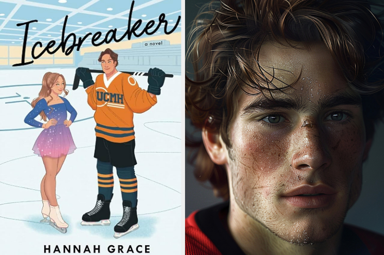 Left: Illustrated book cover "Icebreaker" with two ice skaters. Right: Portrait of a young man with freckles