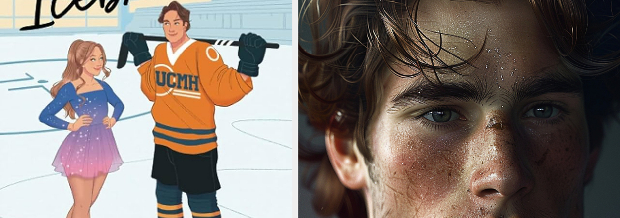 Left: Illustrated book cover "Icebreaker" with two ice skaters. Right: Portrait of a young man with freckles