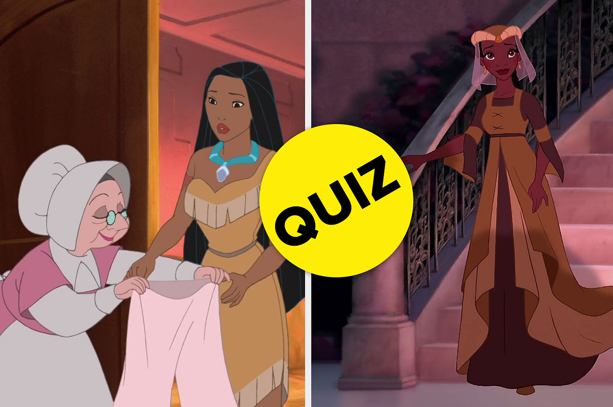 Two scenes from Disney's animated film featuring the character Pocahontas with a "QUIZ" text bubble overlay