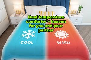 Comforter split into two sides labeled 'COOL' and 'WARM' for temperature preference