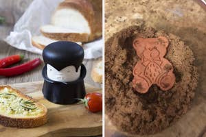 Two separate images, left: a vampire-shaped garlic mincer beside ingredients, right: a bear-shaped brown sugar saver in container of brown sugar
