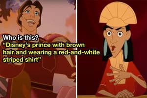 Split image of two animated characters, one possibly a prince, the other in a helmet. Text asks who the prince is