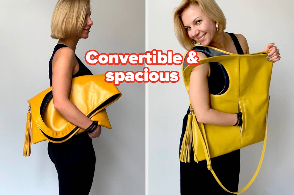 A model demonstrating a yellow convertible bag that can be worn as a clutch, shoulder bag, or top handle with the text: Convertible & spacious