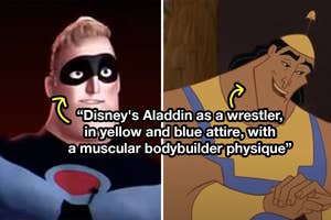 Disney's Aladdin with a wrestler's build, in a costume mashup, beside original slim Aladdin