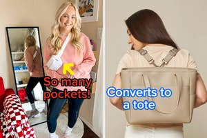A reviewer wearing a white crossbody bag/A model wearing a backpack that can convert into a tote or shoulder bag