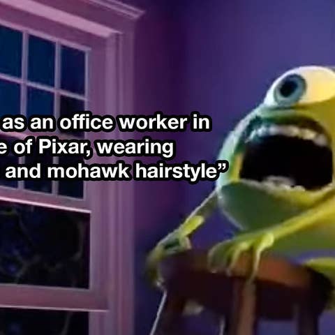 Animated character Mike Wazowski from 'Monsters, Inc.' looking surprised at his desk