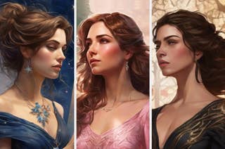 Three artistic portraits of a woman with different hairstyles and elegant dresses, in a painting style