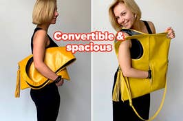 A model demonstrating a yellow convertible bag that can be worn as a clutch, shoulder bag, or top handle with the text: Convertible & spacious
