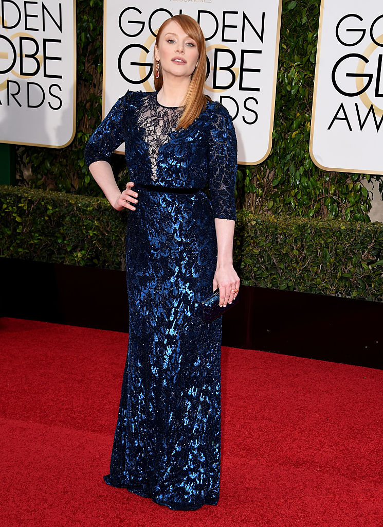 Bryce on the red carpet in a lace dress with sheer neckline at the Golden Globe Awards