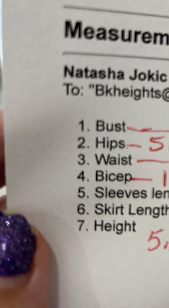 Summary of a measurements list including bust, waist, hips, bicep, sleeves, skirt length, and height for potential wedding attire sizing