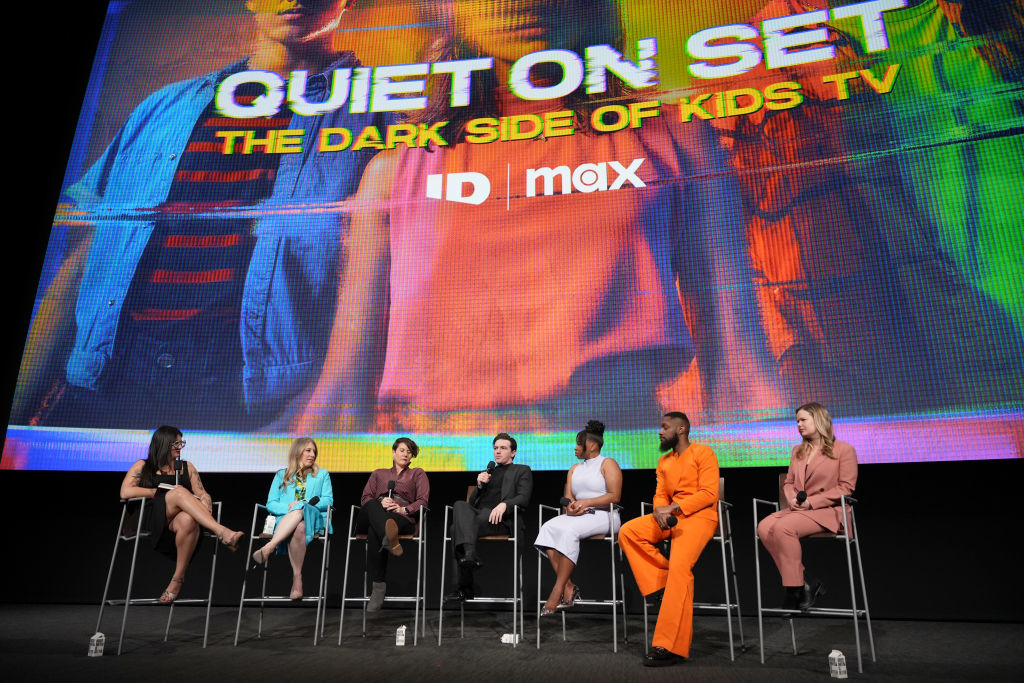 Panelists sit onstage for a discussion promoting &quot;Quiet On Set,&quot; a documentary about children&#x27;s television