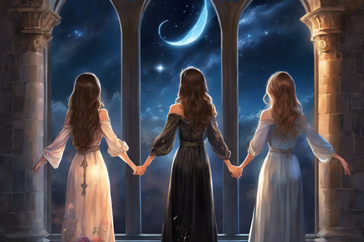 Three animated women holding hands, looking out a castle window at a starry night sky