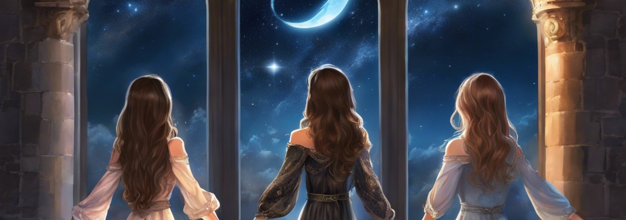 Three animated women holding hands, looking out a castle window at a starry night sky