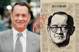 Tom Hanks in a suit on the left; right shows an illustrated portrait of him on a dictionary page