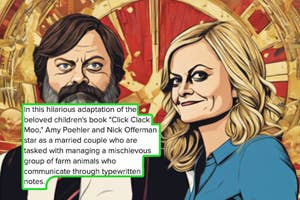 Illustration of Amy Poehler and Nick Offerman in front of a barn, with a summary about "Click Clack Moo."