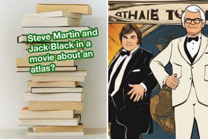 Steve Martin and Jack Black illustrated in tuxedos next to text about an atlas-themed movie