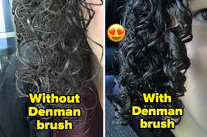 reviewer's hair before with frizzy curls "without Denman brush" / the same reviewer with tight curls "with Denman brush"