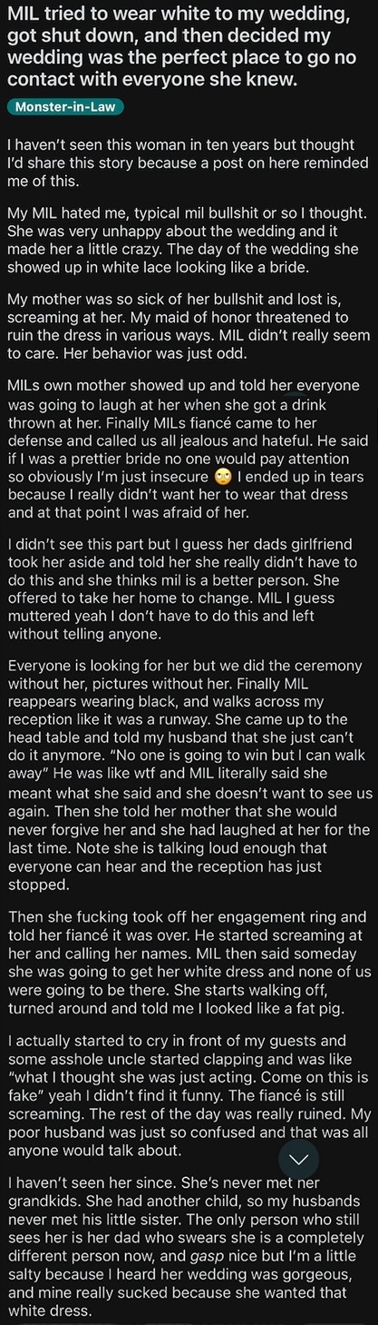 The image contains a large amount of text detailing an individual&#x27;s story about their mother-in-law wearing white to their wedding