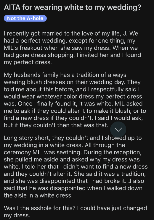 Bride upset that mother-in-law wore white to her wedding; text describes the conflict and the tradition of not wearing white to avoid overshadowing the bride