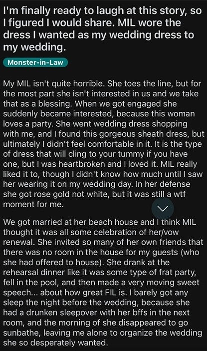 A screenshot of a text post narrating an individual&#x27;s humorous story about their mother-in-law wearing a wedding dress to their wedding