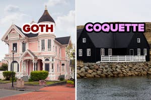 Split image: Left side shows a Victorian-style house with "GOTH" text overlay. Right side displays a black cottage with "COQUETTE" text