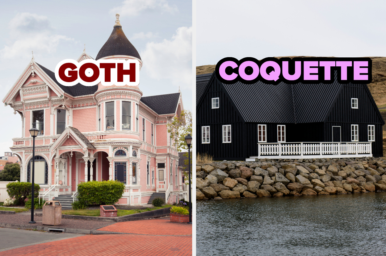 Split image: Left side shows a Victorian-style house with "GOTH" text overlay. Right side displays a black cottage with "COQUETTE" text