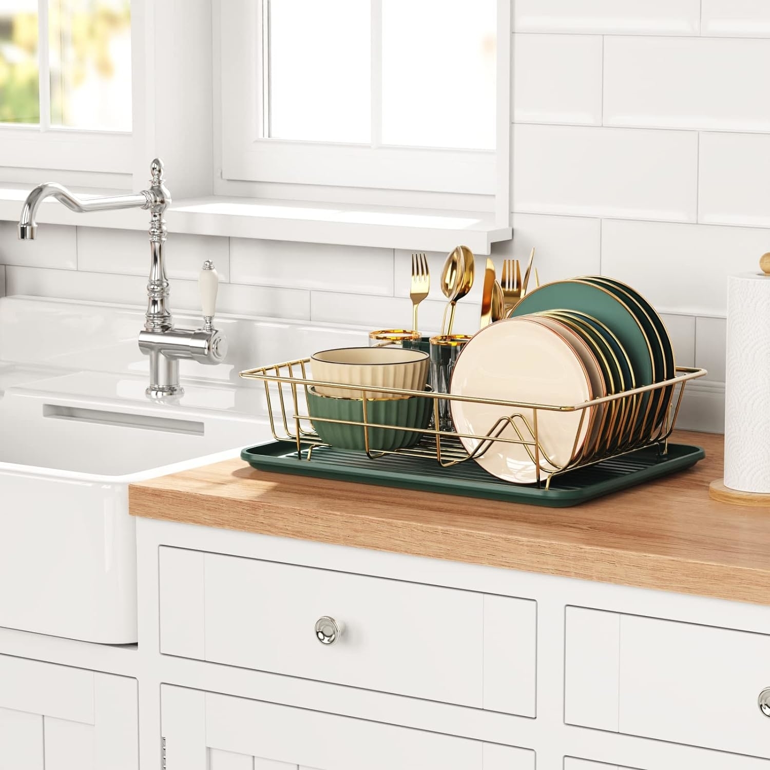 A dish rack with plates, cups, and utensils on a kitchen countertop near a sink, showcasing organization options for readers interested in shopping