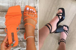 orange strappy sandals and reviewer wearing strappy black heels