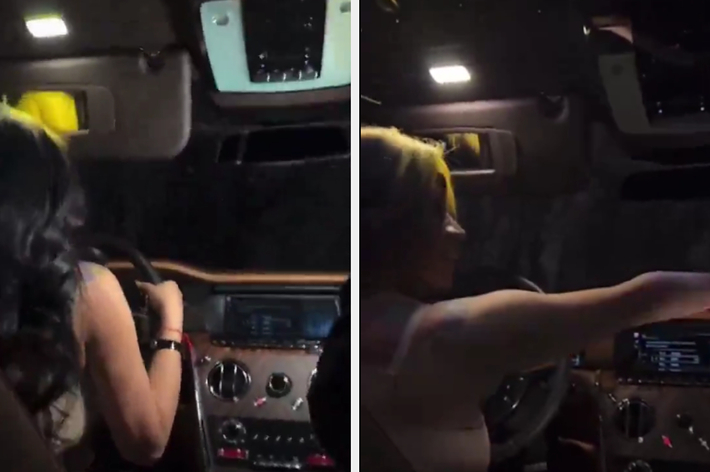 Two side-by-side images of a person driving at night, one with a black steering wheel cover and the other with a yellow one